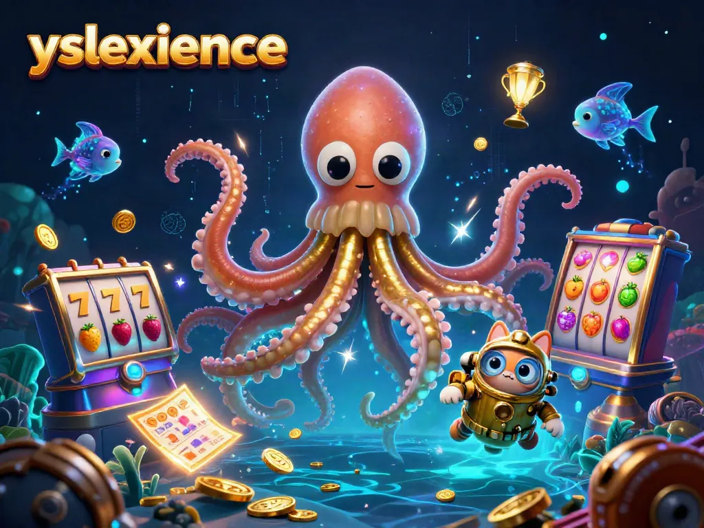 Engage with yslexperience's immersive casino scene featuring a kraken, diving cat, and dynamic slot reels.