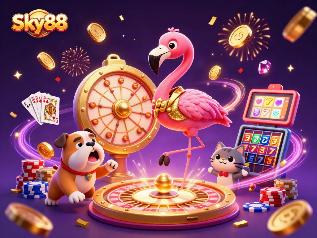 Sky88 spins a golden prize wheel with excitement, surrounded by vibrant casino elements and celebratory confetti.