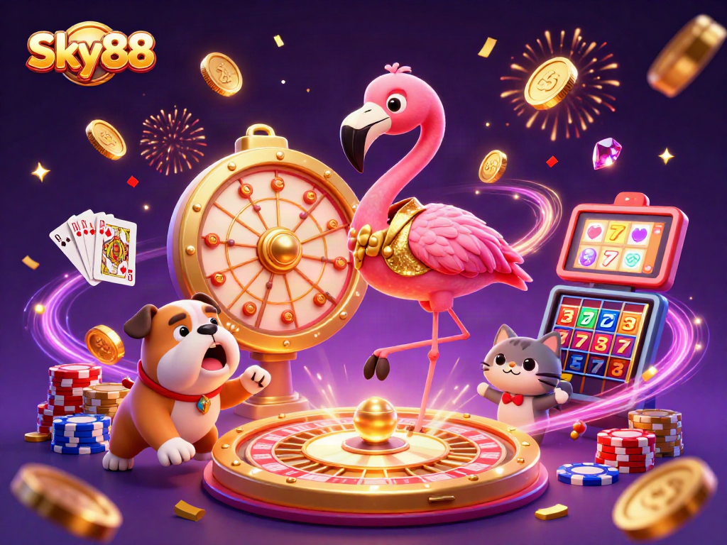 Sky88 spins a golden prize wheel with excitement, surrounded by vibrant casino elements and celebratory confetti.