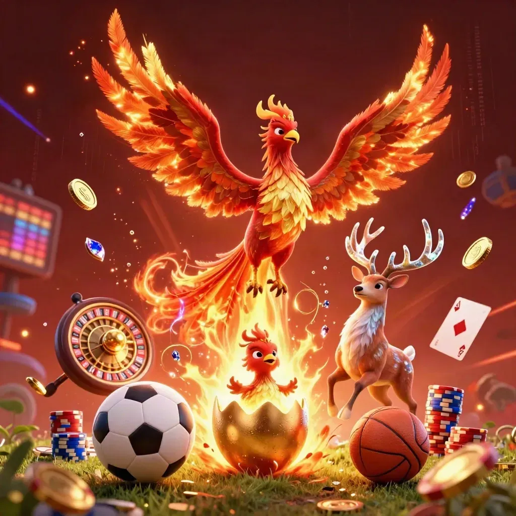 Fire phoenix, hatching egg, crystal stag, soccer ball and casino effects in a fiery glow