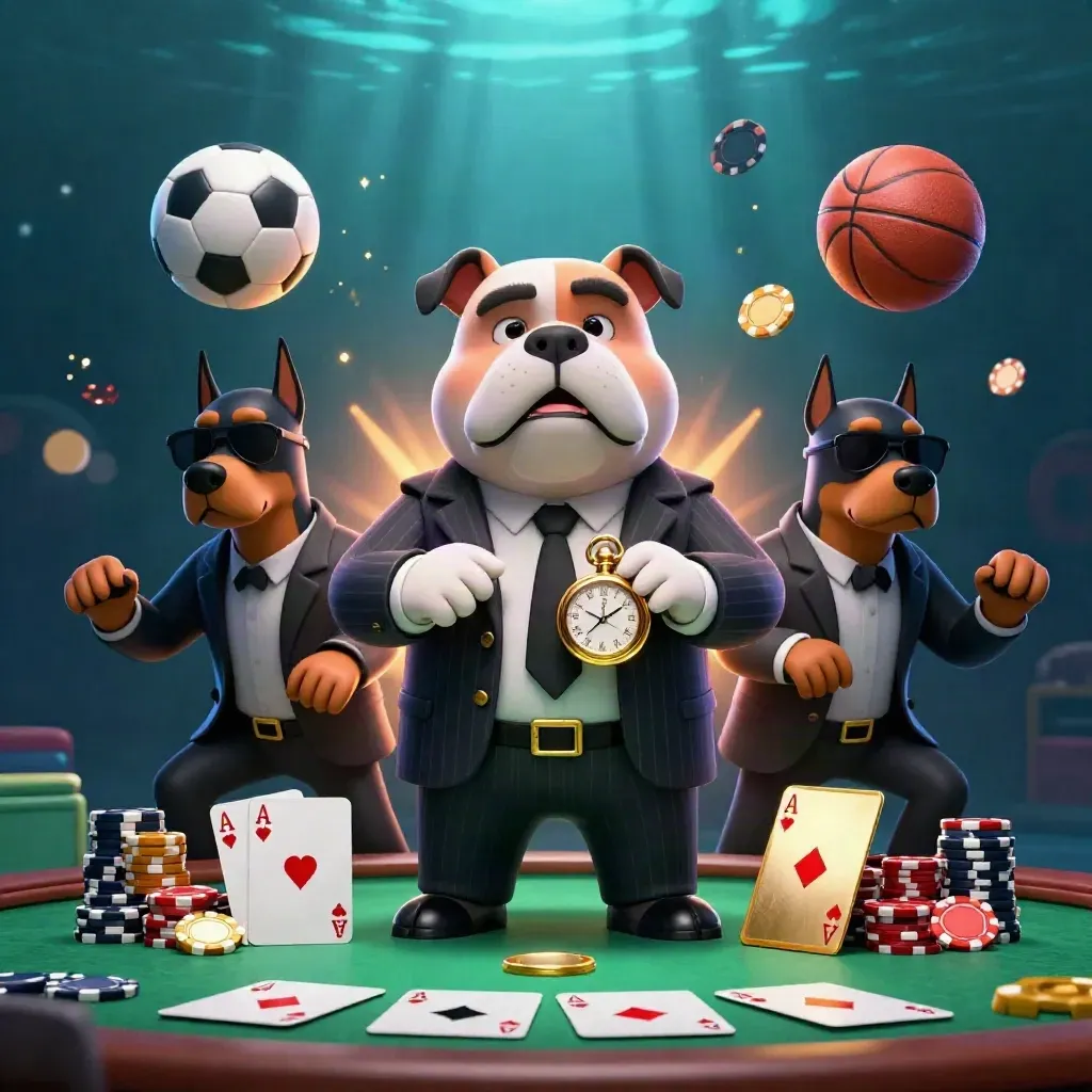 Bulldog boss and Dobermans amid chips, cards, and glowing balls in a premium casino splash.