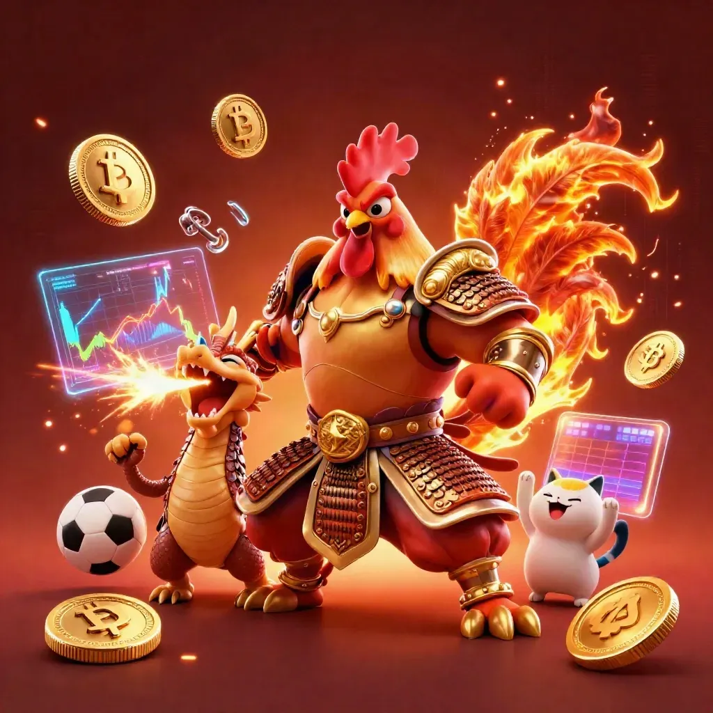 Rooster warrior, dragon hatchling, and fortune-cat amid neon coins, sparks, and casino energy.