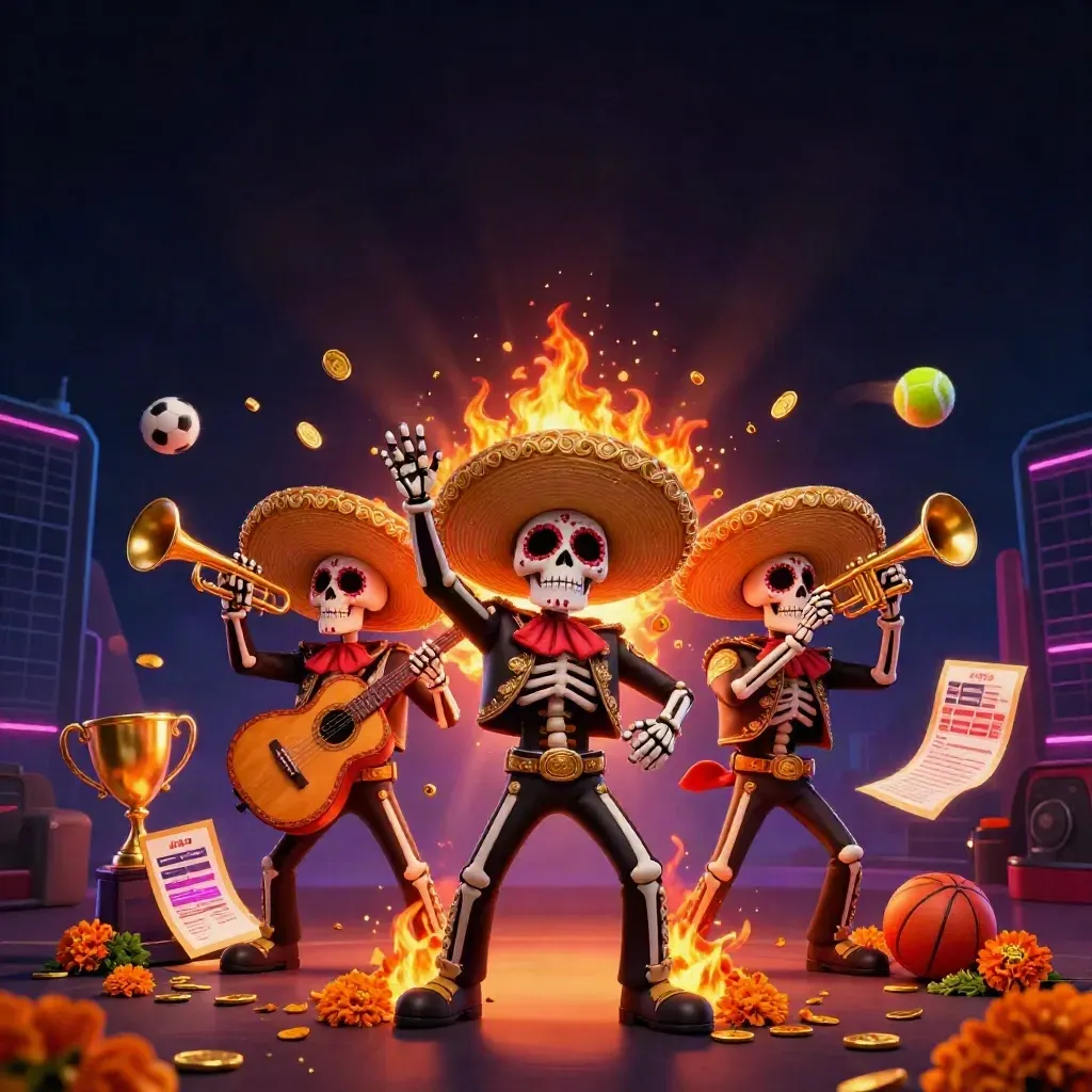 Three skeleton mariachi heroes amid coins, trophy, sports balls, and blazing casino lights.