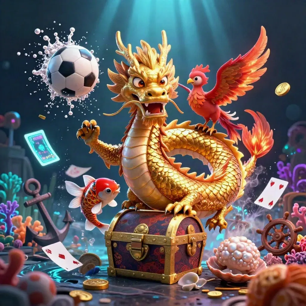 Golden dragon, phoenix, koi, and sports balls in a glowing underwater treasure cove.