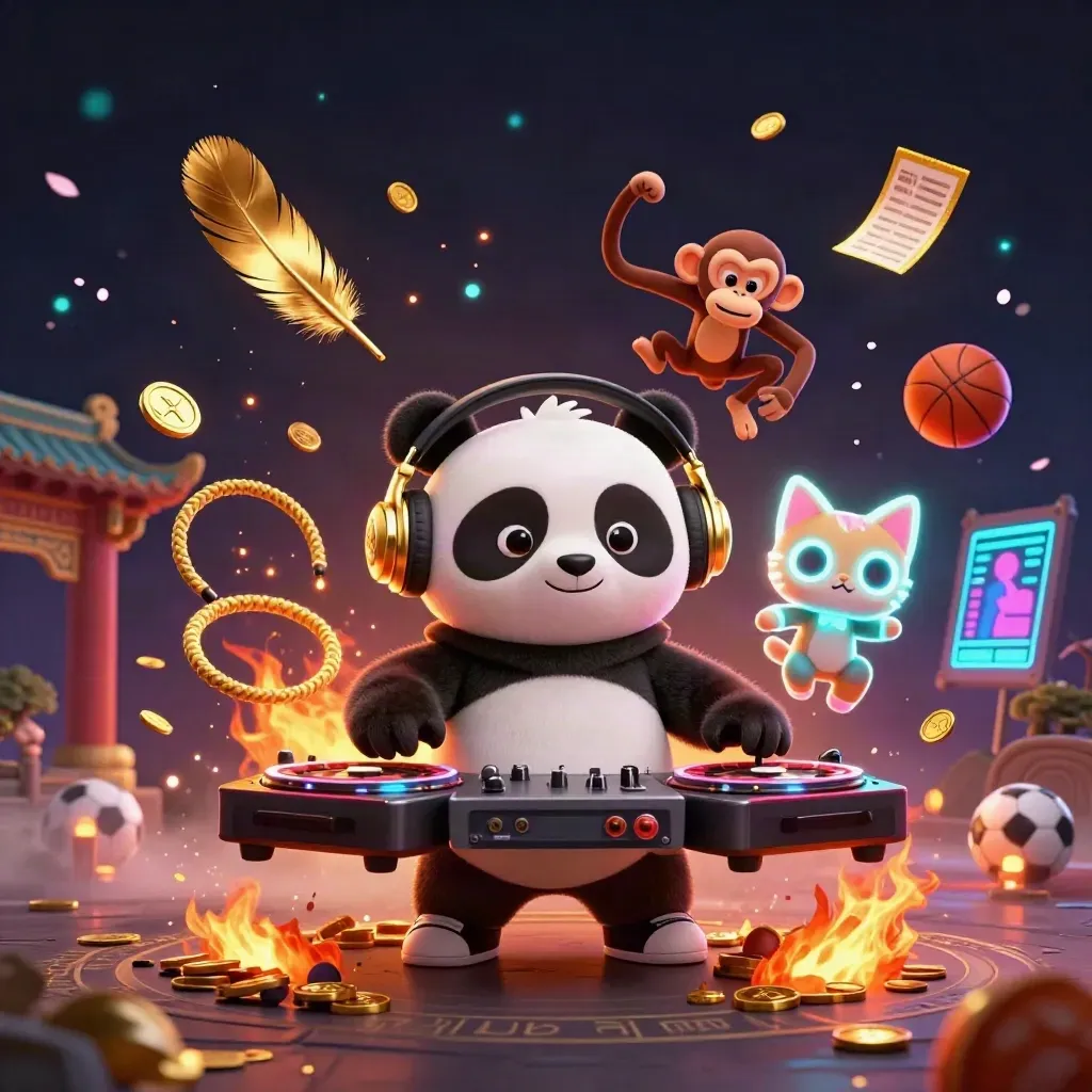 Cartoon panda, monkey, and kitten in a neon casino sports-ring burst with balls, coins, and firelight.