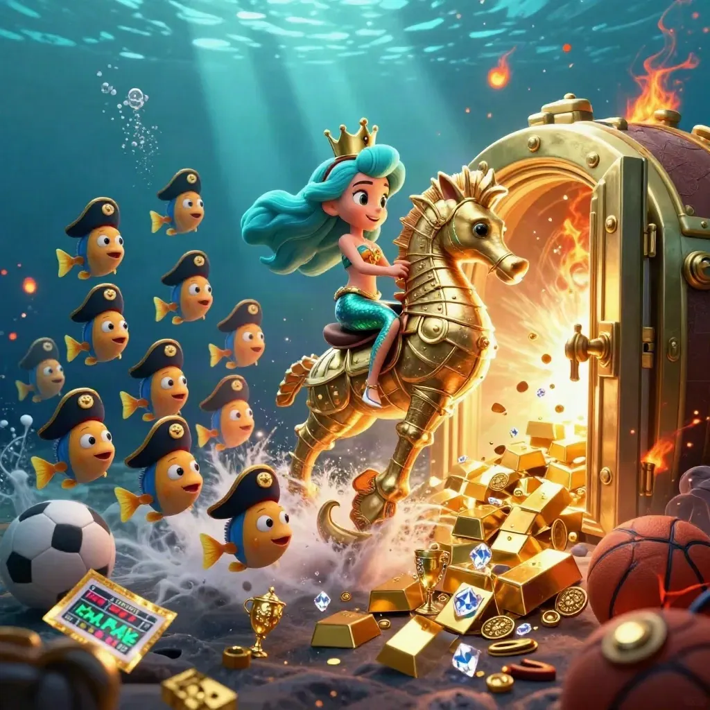 Mermaid princess on armored seahorse amid pirate fish, treasure, gems, and casino props underwater.