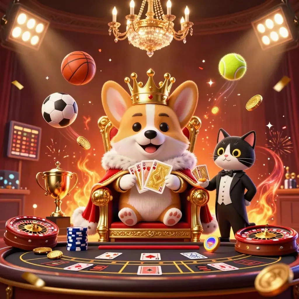 Crowned corgi and cat butler in a fiery casino scene with sports icons and gold.