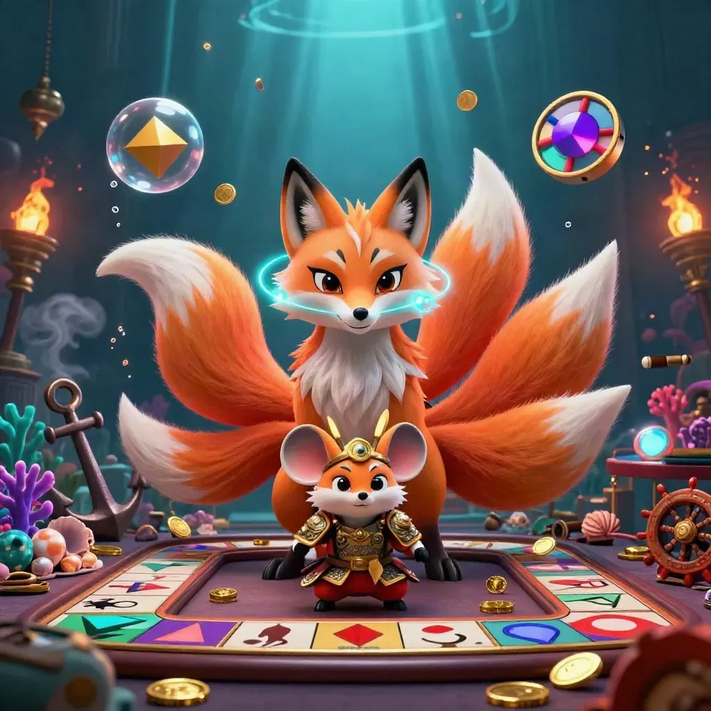 Neon fox spirit and armored mouse in a treasure cove with roulette wheel, cards, and casino glow.