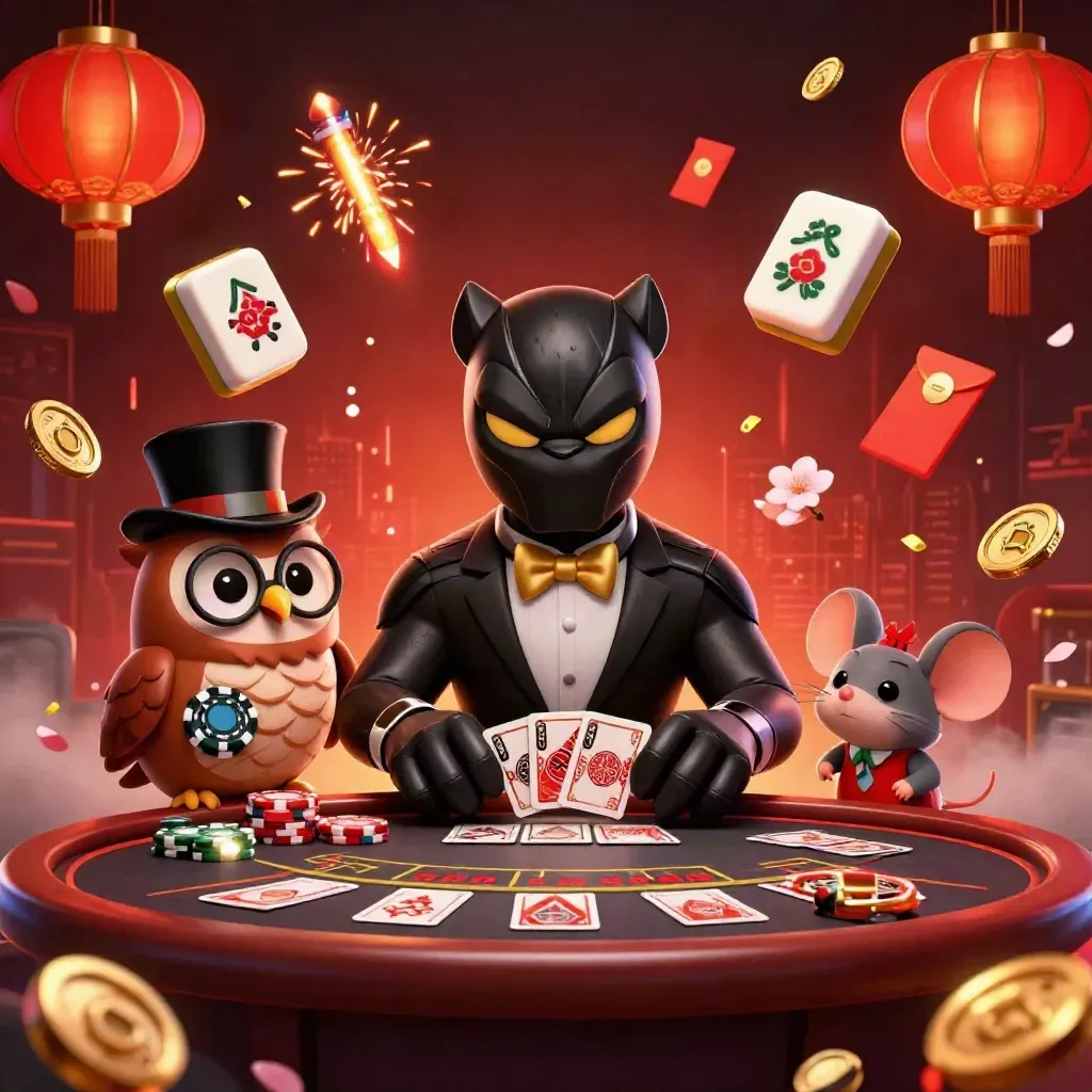 Panther dealer, owl, and mouse in a fiery casino lounge with glowing props