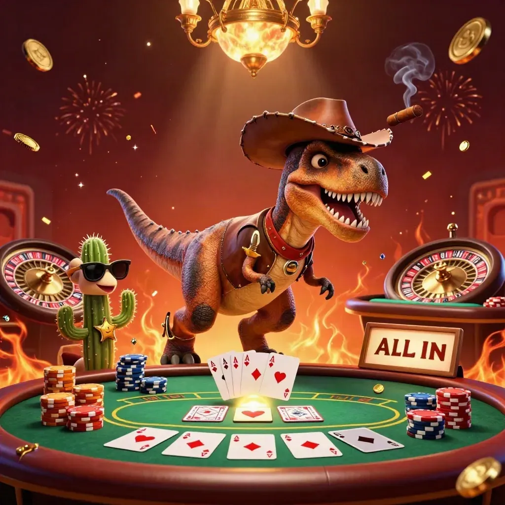 Cowboy T-Rex, cactus sidekick, and sheriff roadrunner in a fiery casino scene with chips, cards, and brass glow.