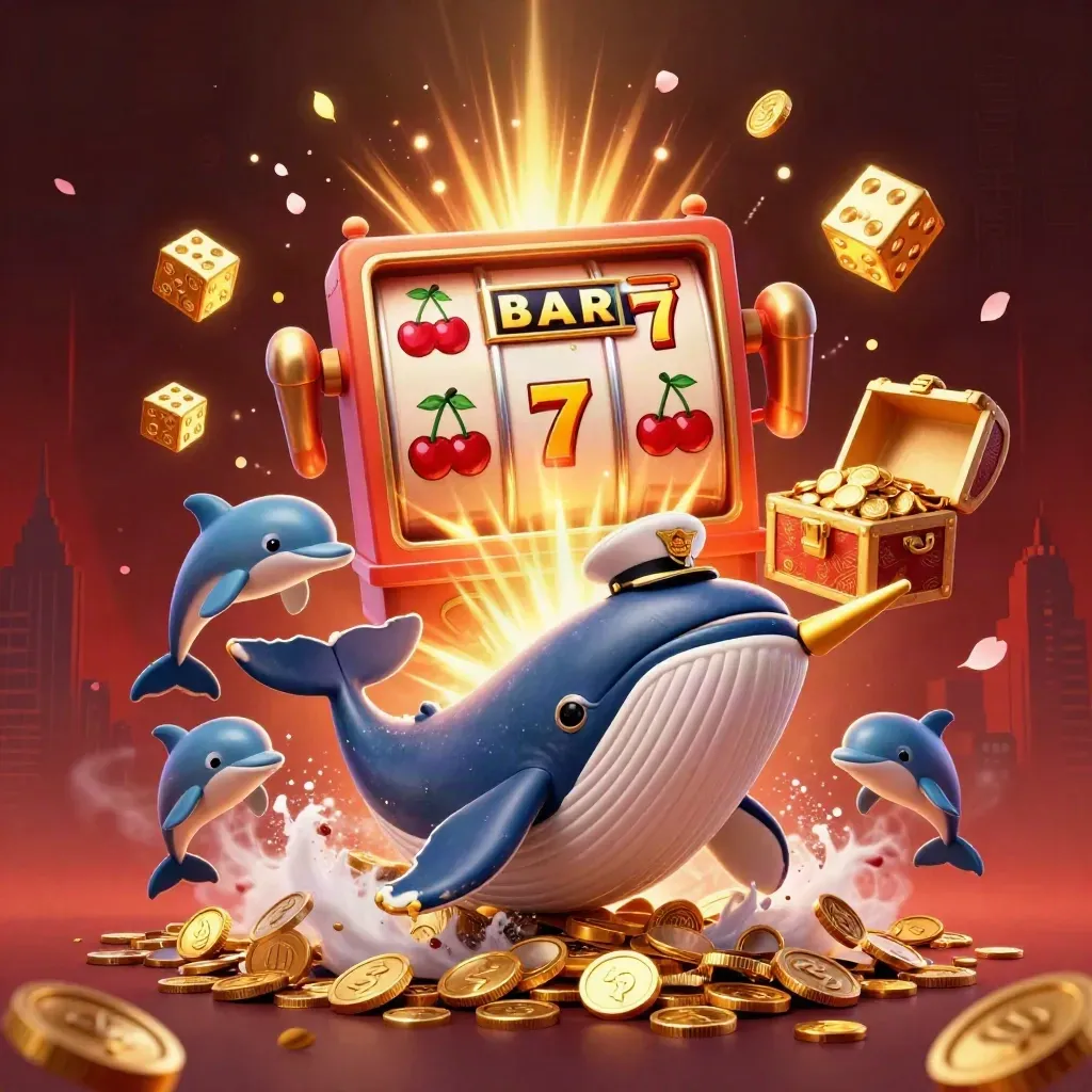 Whale captain, narwhal, and dolphins amid coins, jackpot bursts, gold, and ember-orange casino glow.