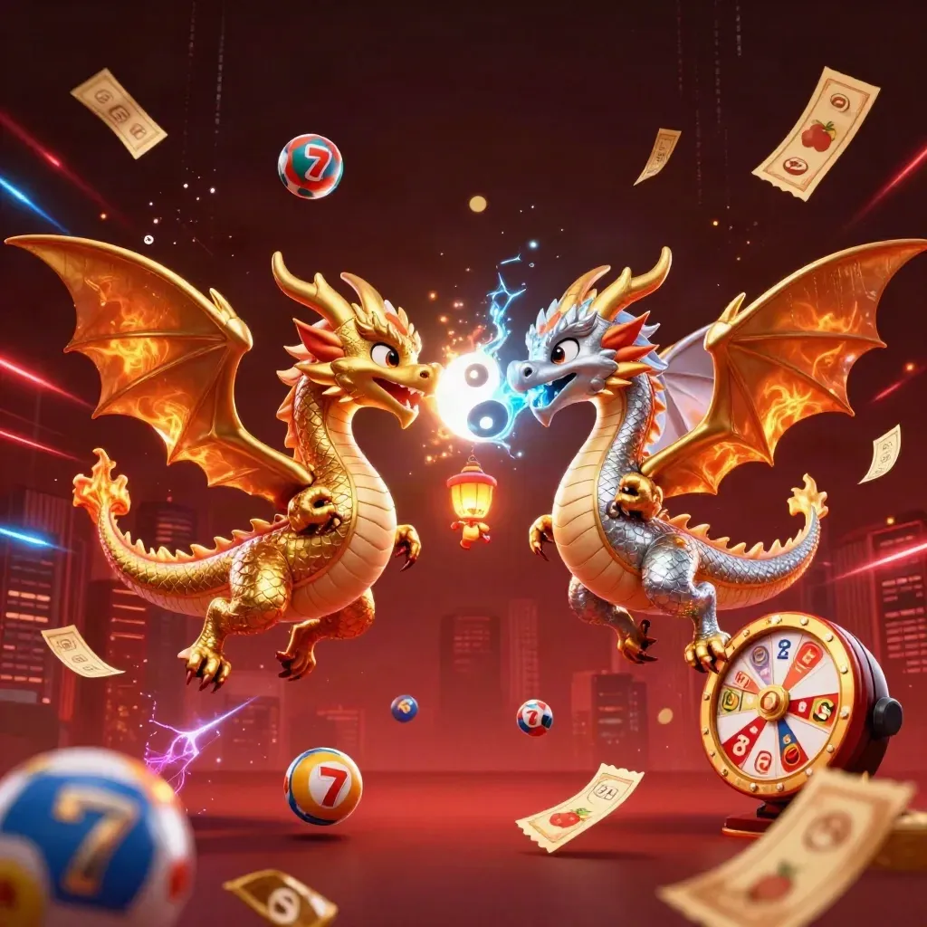 Twin gold and silver dragons in a fiery yin-yang with casino treasures bursting around them.