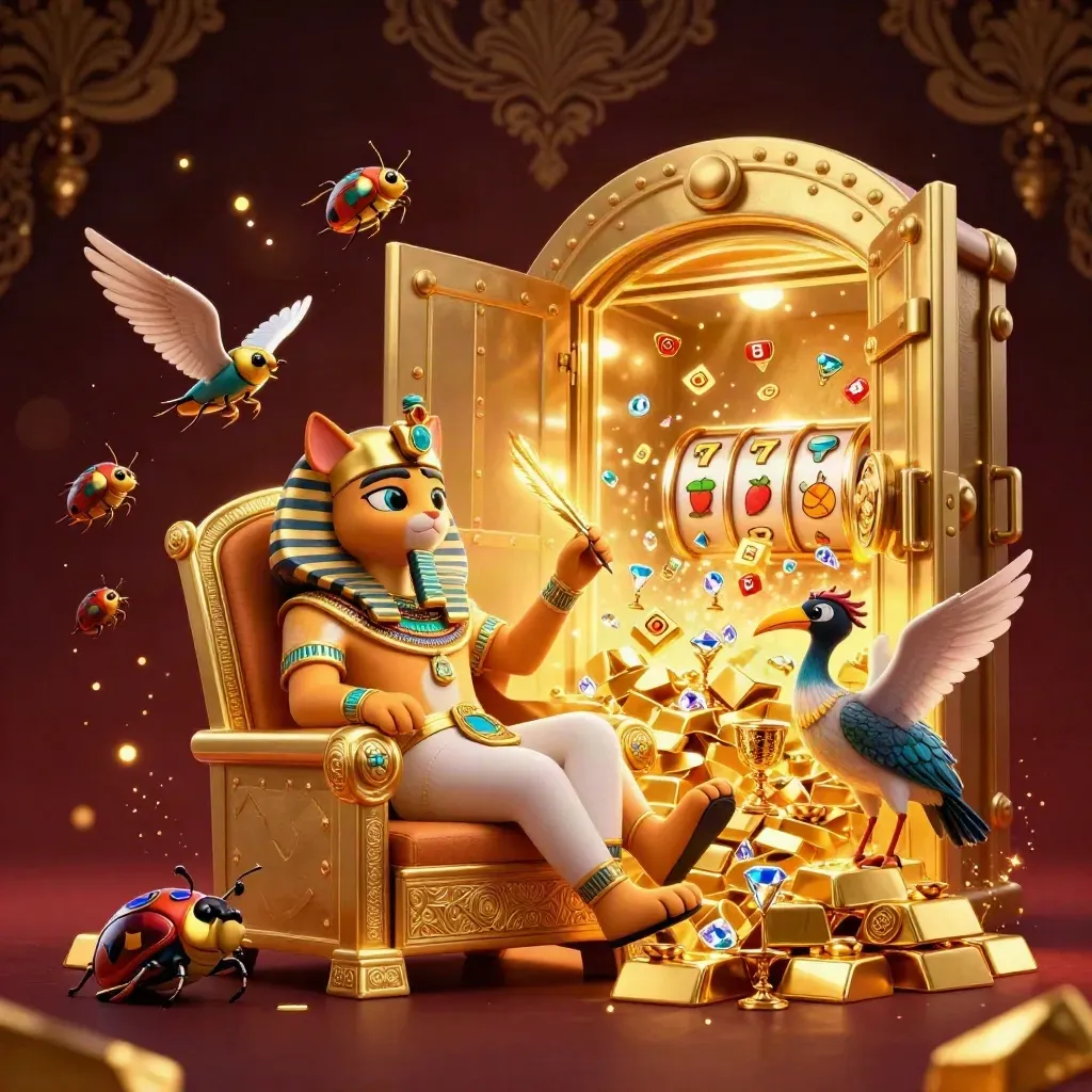 Pharaoh cat, ibis scribe, and gem-wing scarabs amid vault riches and casino bursts.