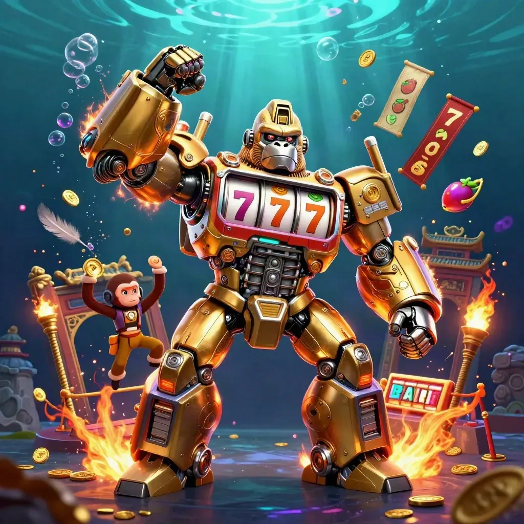 Golden gorilla mech with monkey pilot amid coins, banners, temple gate, and glowing underwater casino effects