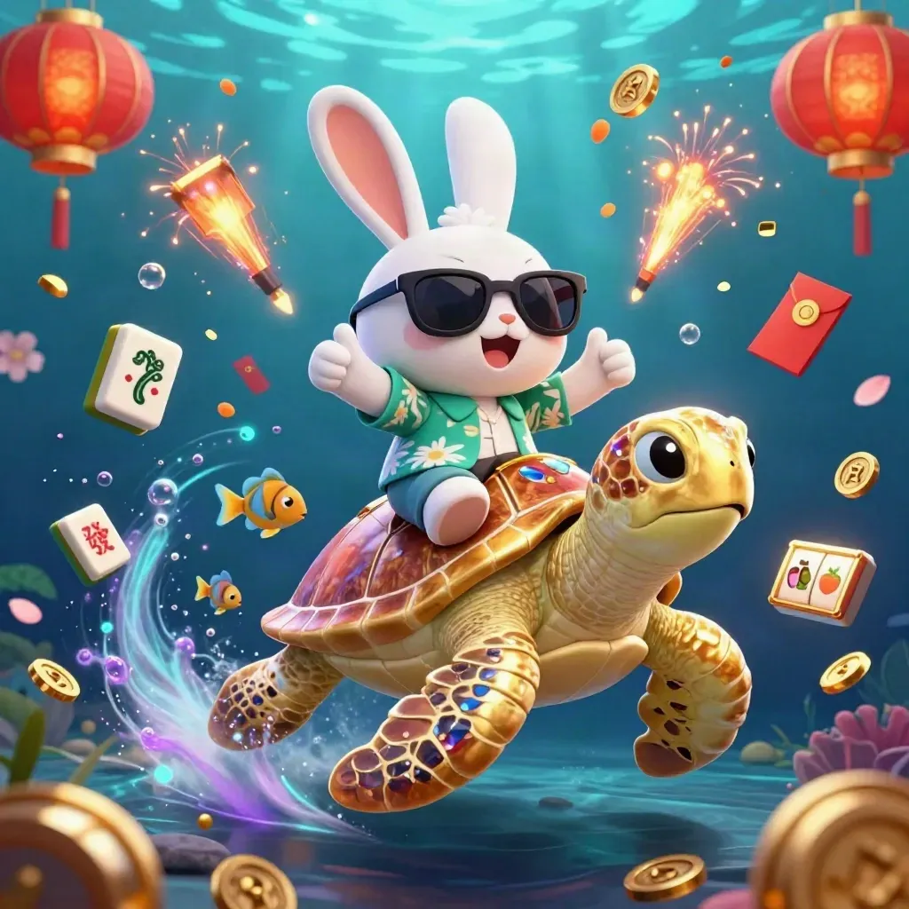 Lucky rabbit rides a gem-shell sea turtle amid treasure, lanterns, coins, and glowing underwater light.