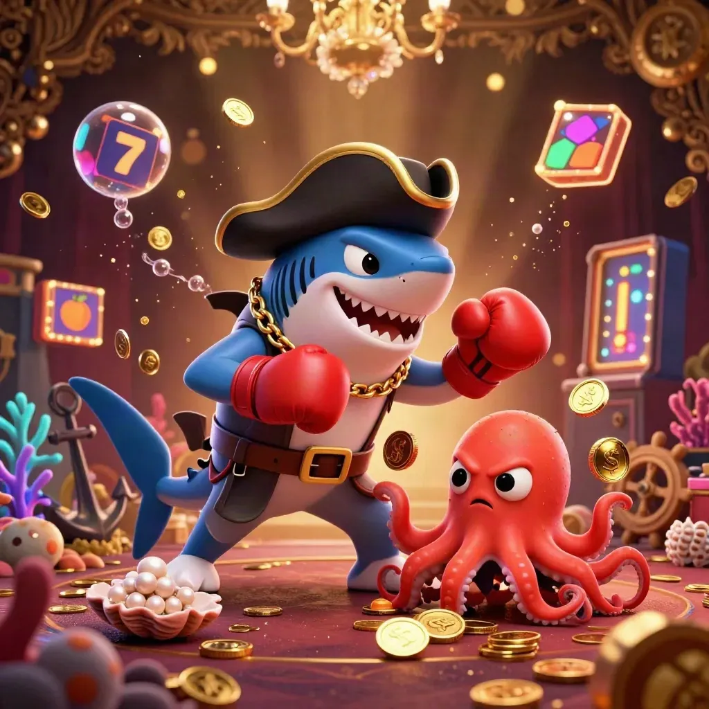 Pirate shark, boxing pufferfish, and coin-juggling octopus in a glowing treasure cove