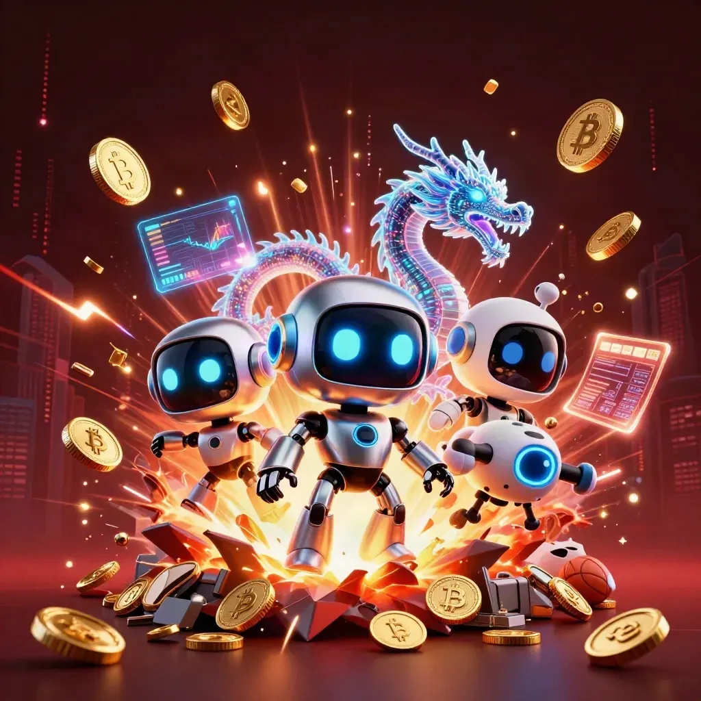 Cyberpunk robot, holographic dragon, and coin drone amid vault coins, fireworks, and neon casino effects.
