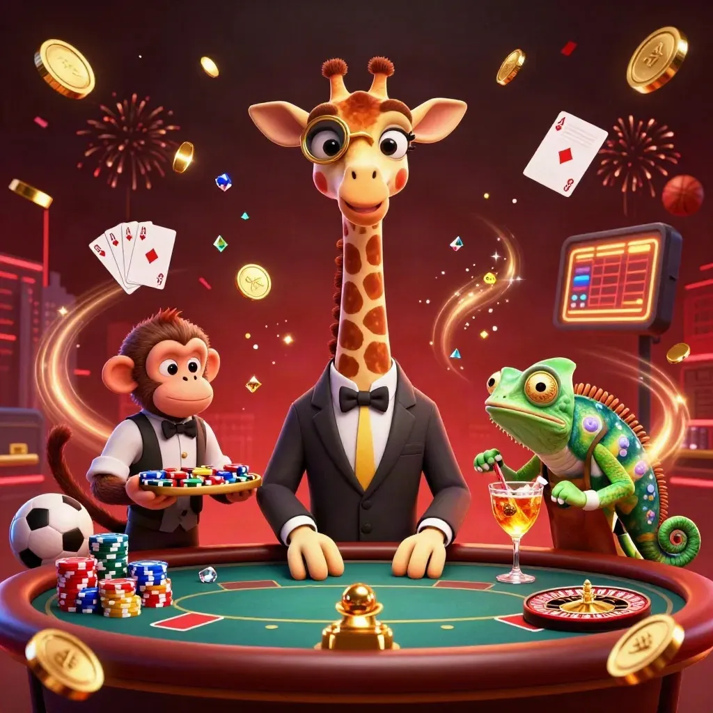 Giraffe, monkey, and chameleon celebrate amid coins, chips, cards, fireworks, and casino lights.