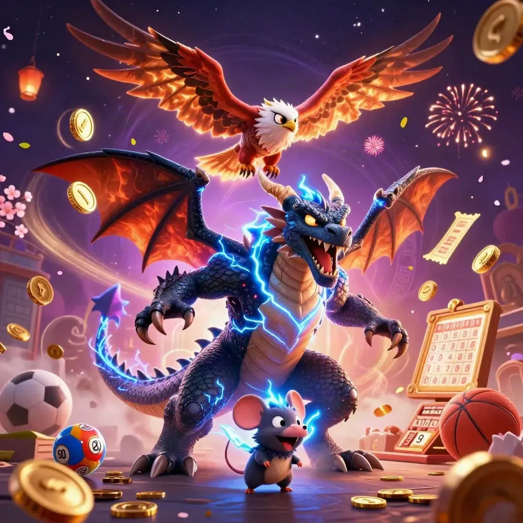 Dragon, hawk, and mouse amid coins, fireworks, sports balls, and casino prizes.