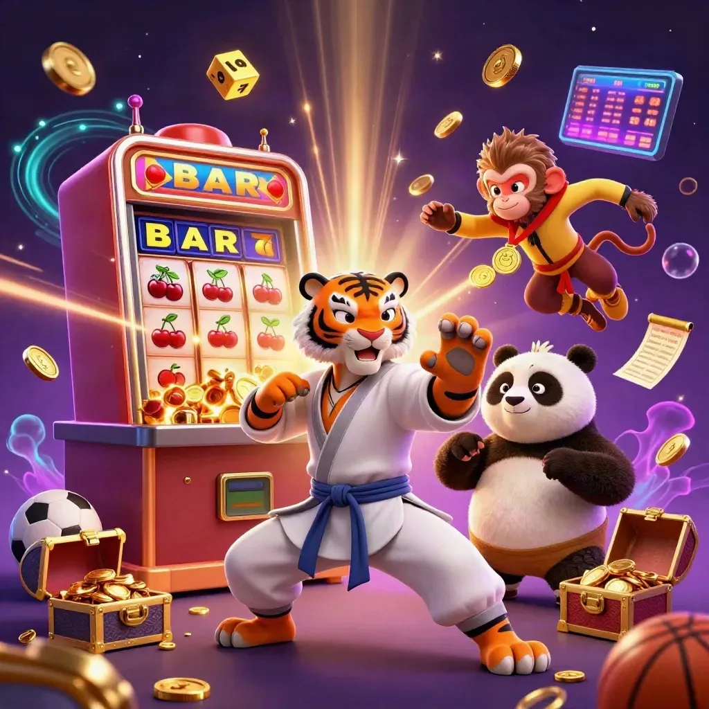 Tiger, panda, and monkey celebrate amid bursting slots, coins, dice, and casino fireworks.