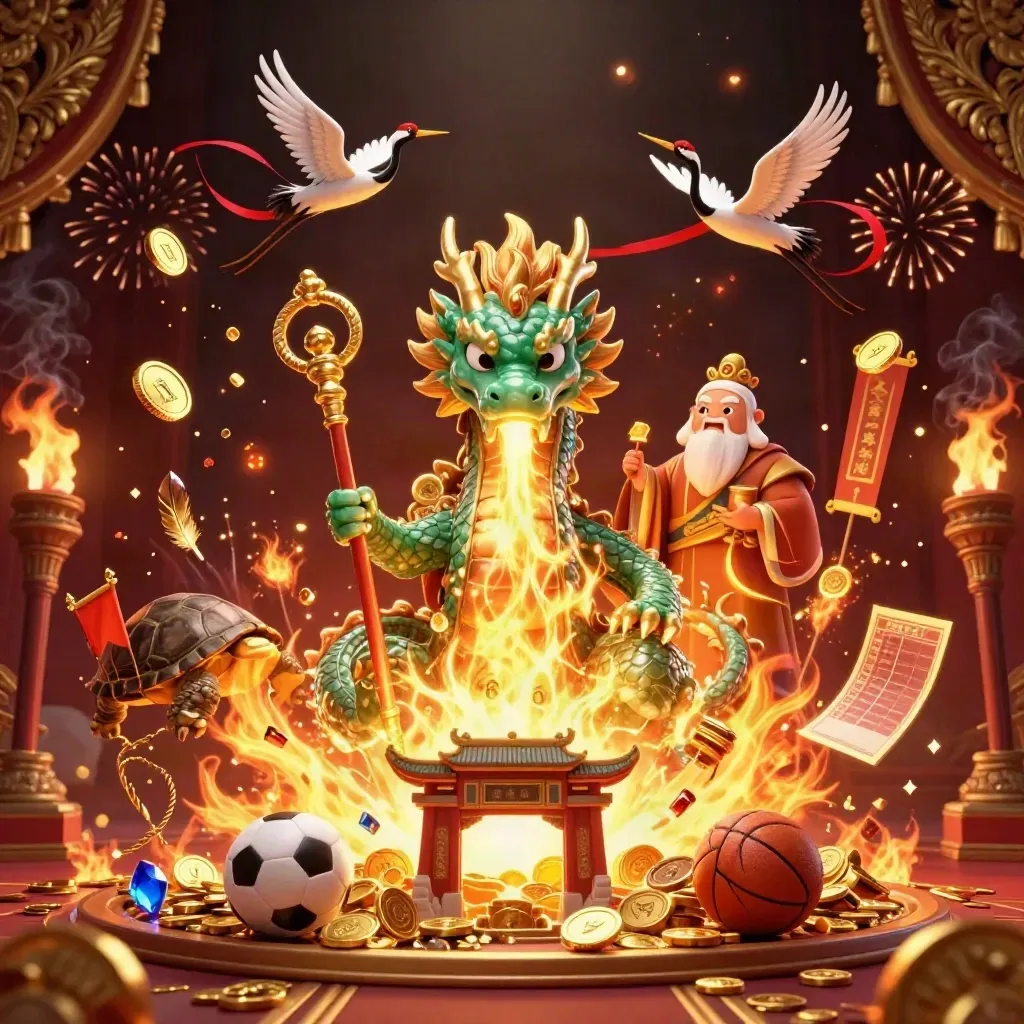 Jade dragon, turtle sage and cranes amid bursting gold coins, casino relics and fireworks