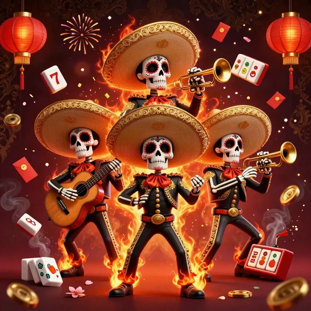 Skeleton mariachi trio amid casino symbols, lanterns, coins, petals, and fiery gold lighting.