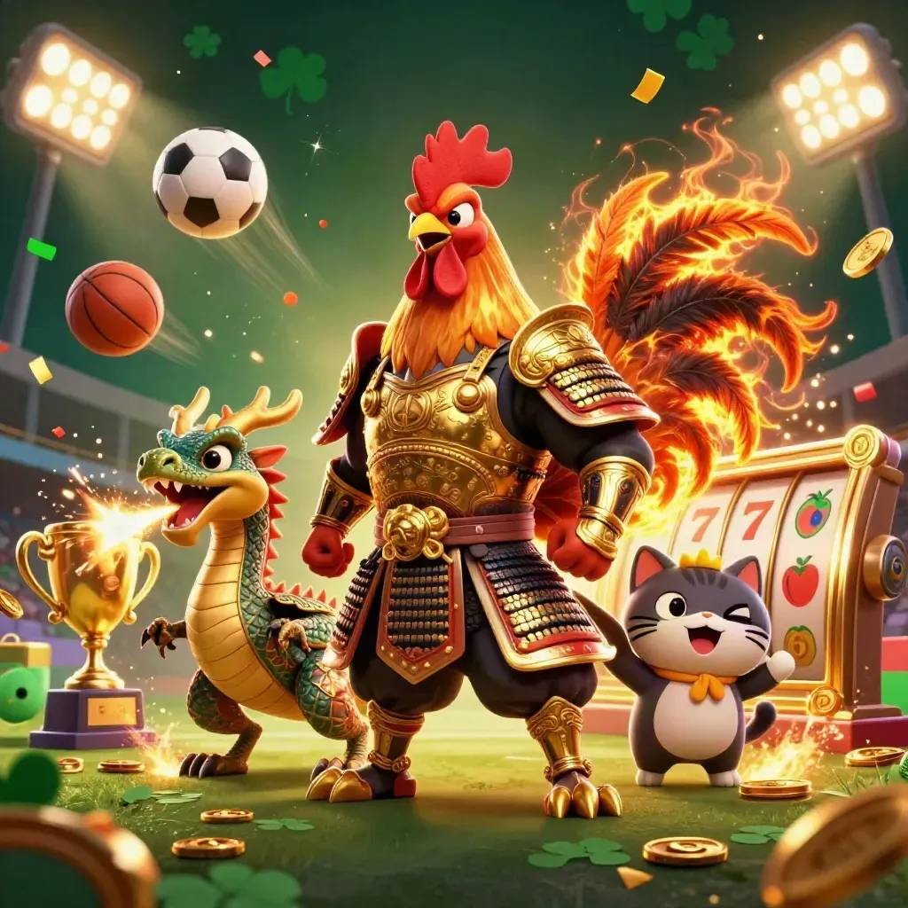 Rooster samurai, sparking dragon hatchling, and cheering lucky cat amid casino and sports bursts.