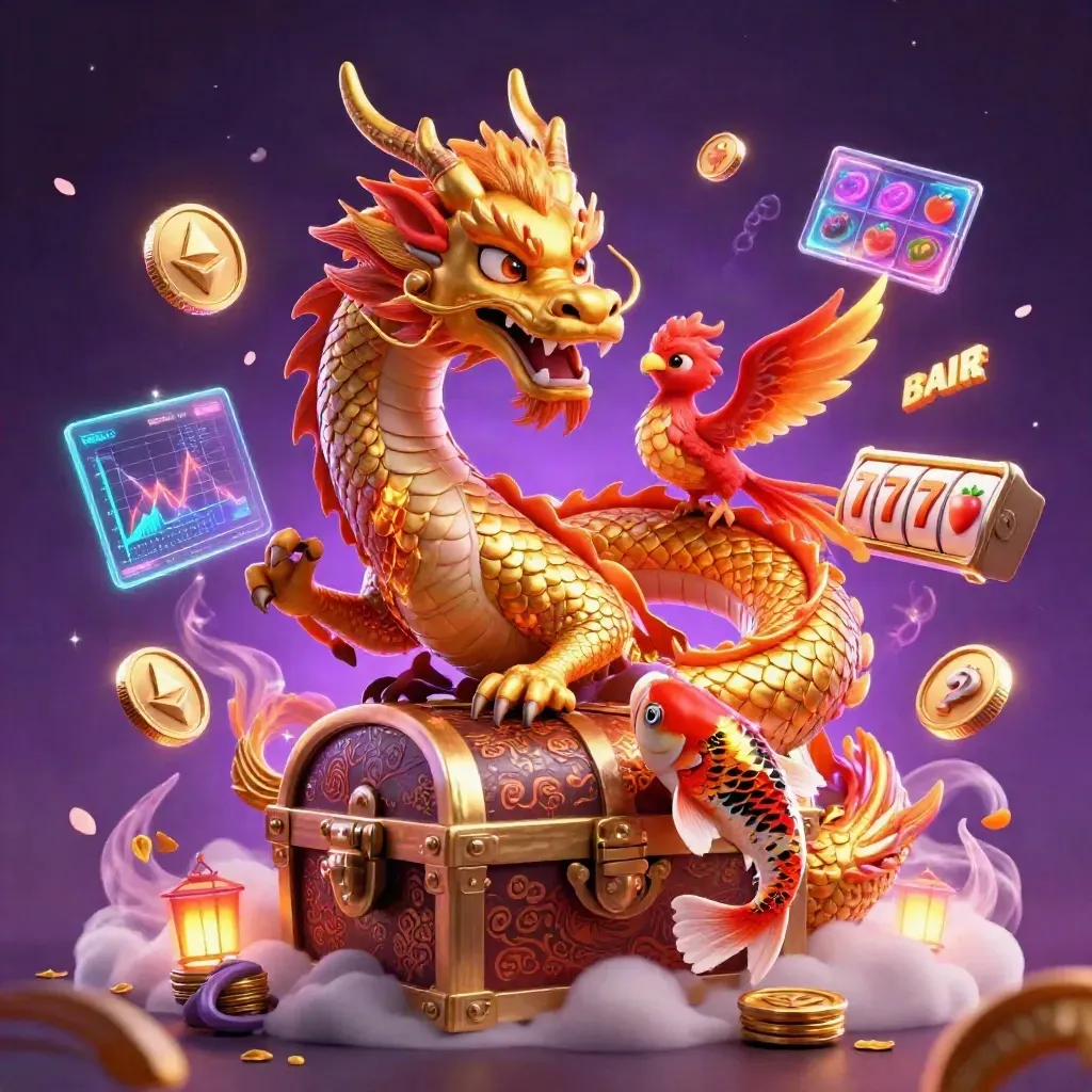 Golden dragon on chest with phoenix, koi, casino coins, reels, and glowing magical effects.