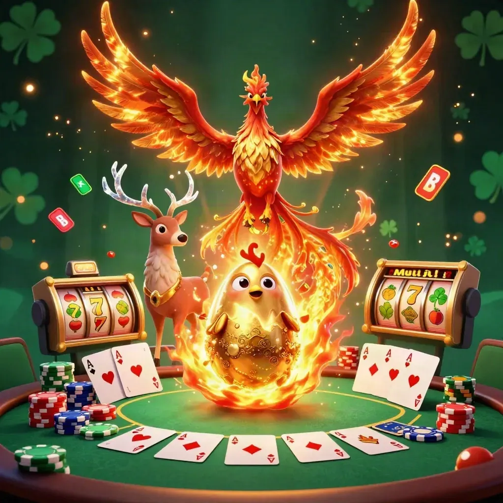 Fire phoenix, baby phoenix, and crystal stag with casino props on a dark emerald backdrop.