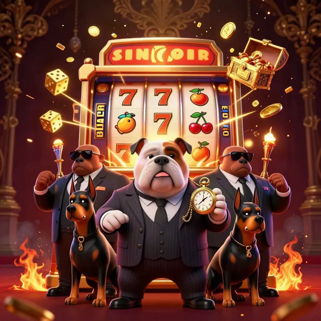 Mob bulldog, two Dobermans, exploding slot machine, gold, dice, cherries, ember glow.