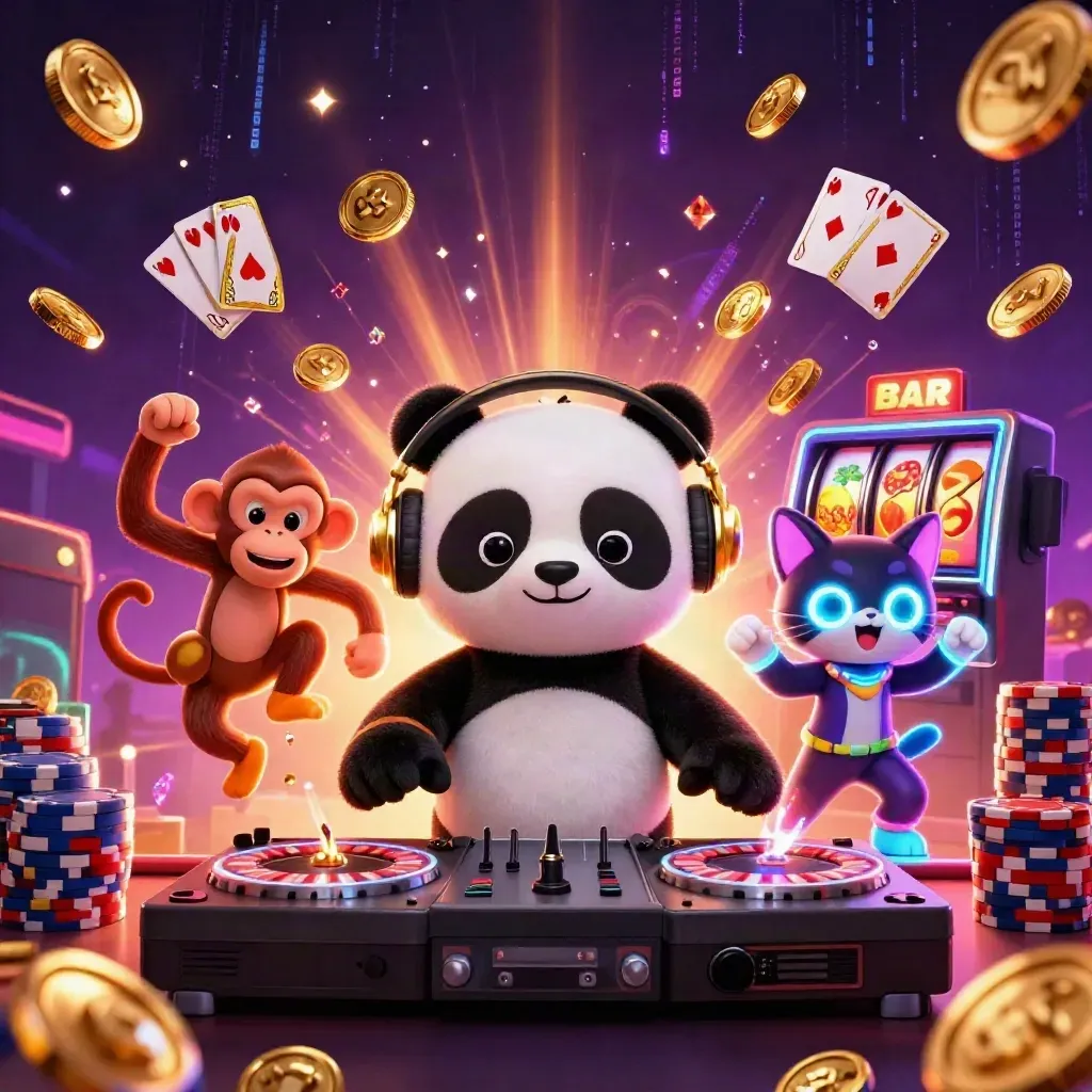 DJ panda, dancing monkey, and rave kitten amid roulette wheels, coins, cards, chips, and neon casino energy.