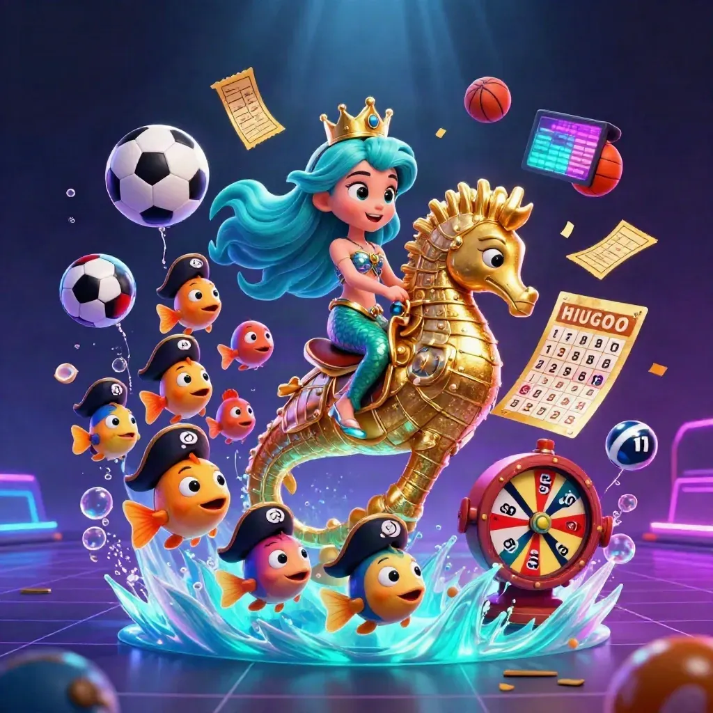Mermaid princess on a gold seahorse amid casino balls, fish, tickets, and sports bets.