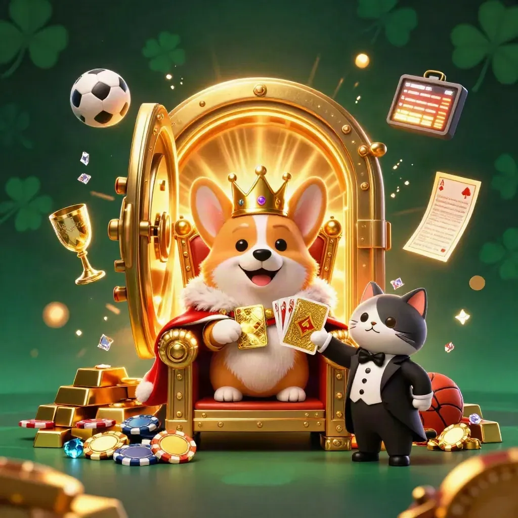 Royal corgi and cat butler on a chip throne with vault gold, sports balls, and casino treasure.