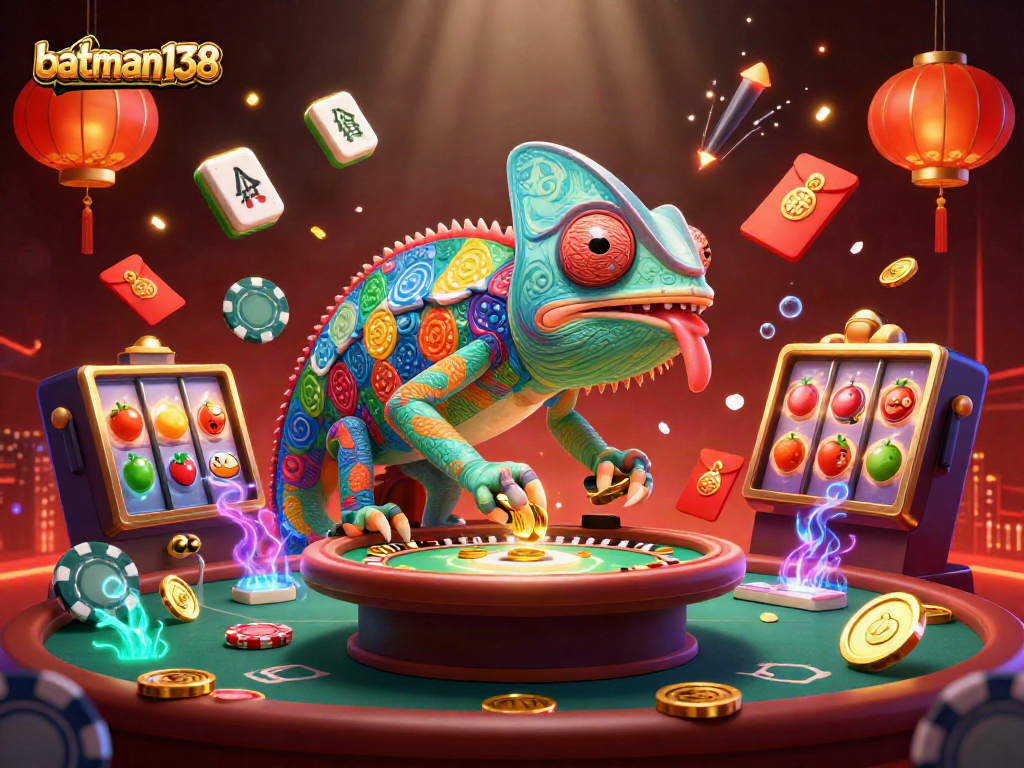 Experience the vibrant world of batman138 with a chameleon casino owner amidst spinning slot reels and lucky symbols.
