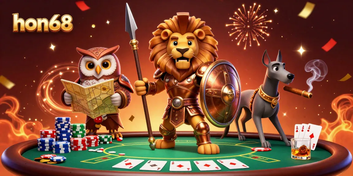 Engage in thrilling poker gameplay at hon68, featuring a Spartan lion and tactical owl amidst vibrant casino elements.