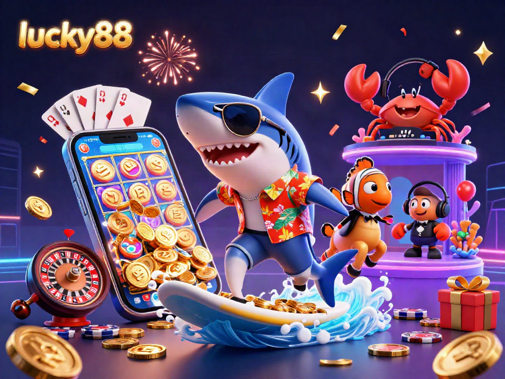 Experience the thrill of lucky88 with the hammer-head shark and colorful casino elements in this vibrant scene.
