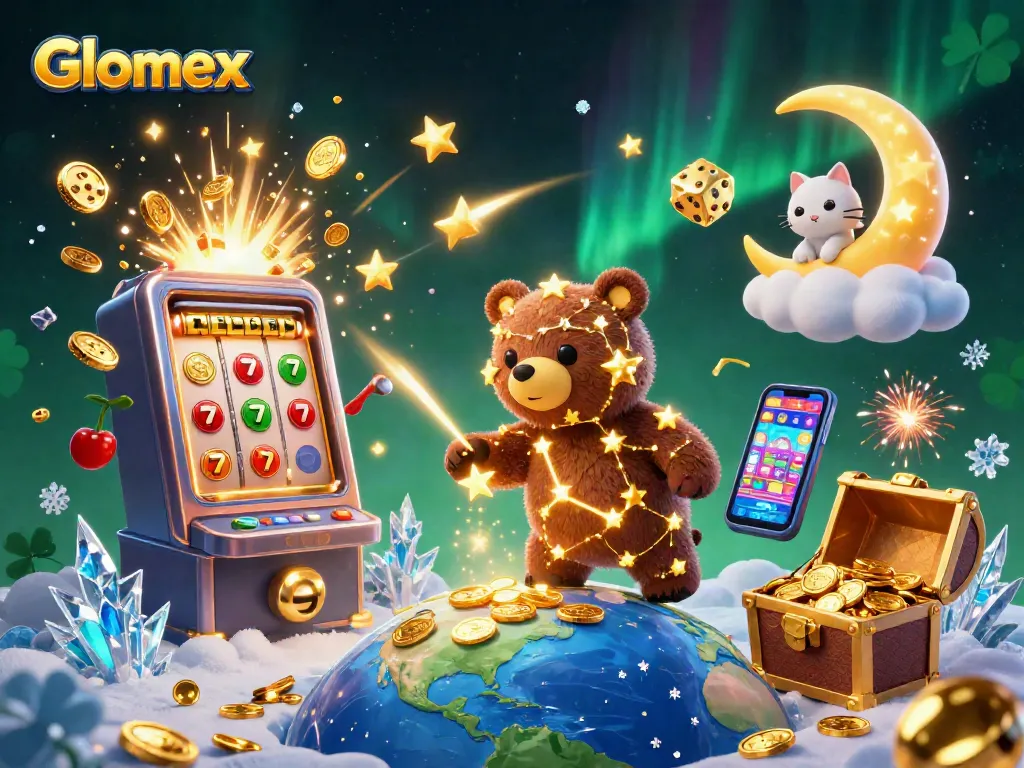 Glomex players scoop coins in a vibrant casino scene filled with slot machines and golden treasures.