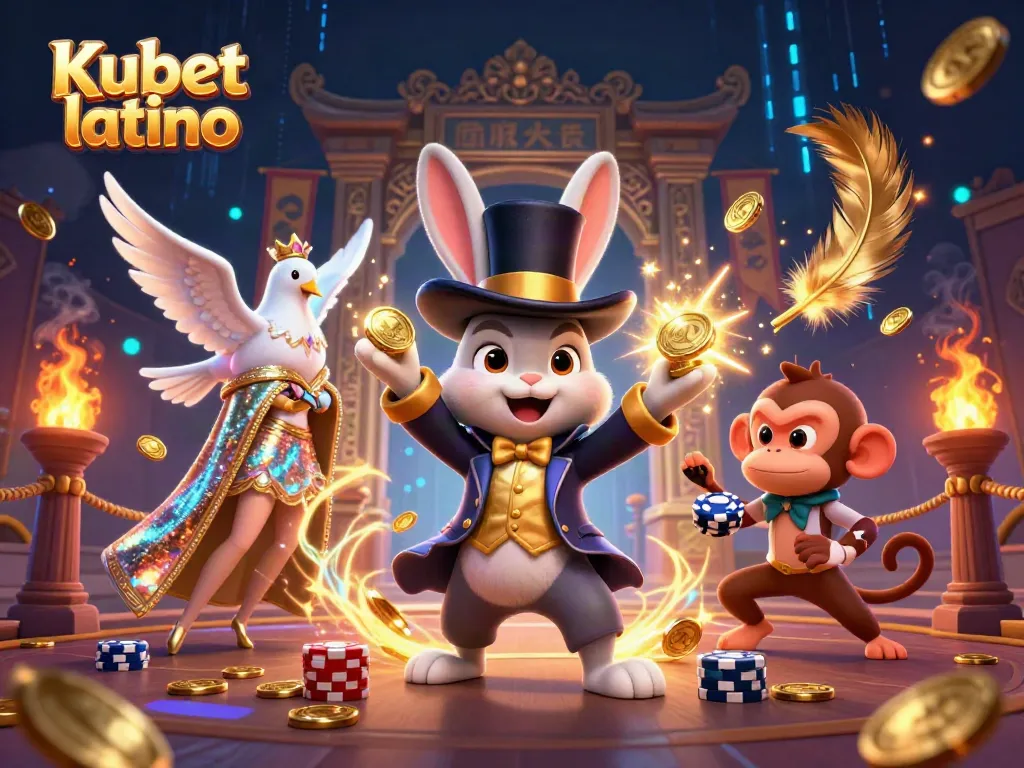 Winning with Kubet latino illustrated through a magical scene featuring a rabbit, dove, and monkey