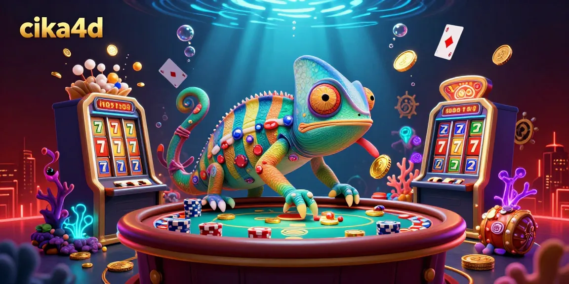 Experience thrilling casino action with cika4d's colorful 3D chameleon owner amidst vibrant gaming elements.