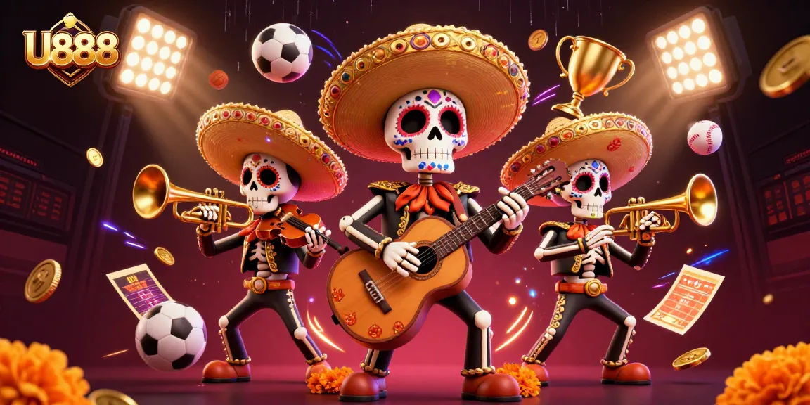 U888 players enjoy an exciting mariachi celebration with vibrant gambling elements in this action-packed illustration.