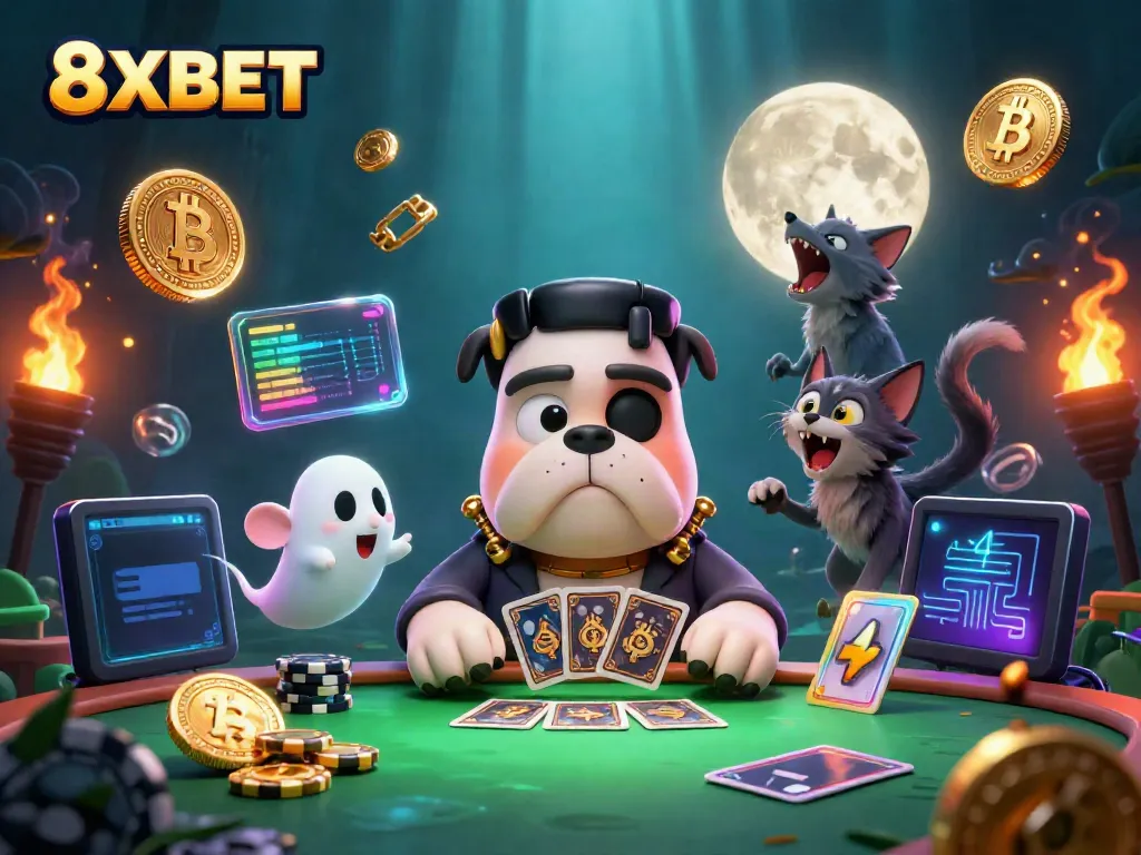 8XBET welcomes players to an immersive gambling experience with a lively casino scene featuring vibrant characters and crypto elements.