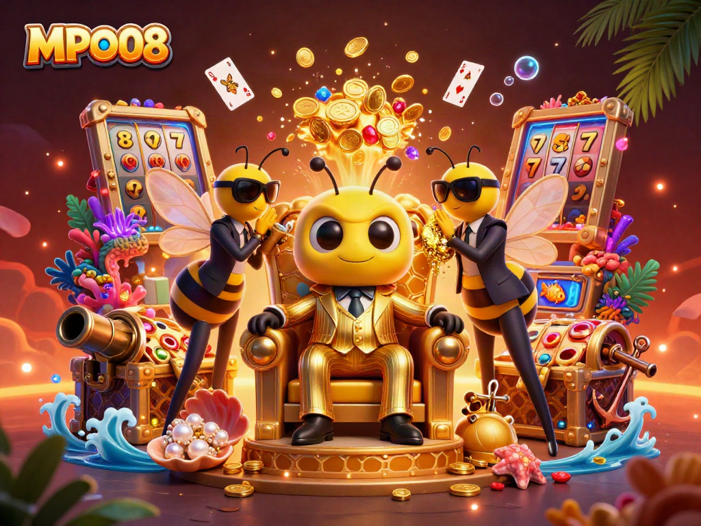 Engage in thrilling gameplay with MPO08, featuring a bumblebee mob boss amidst treasure and vibrant casino elements.