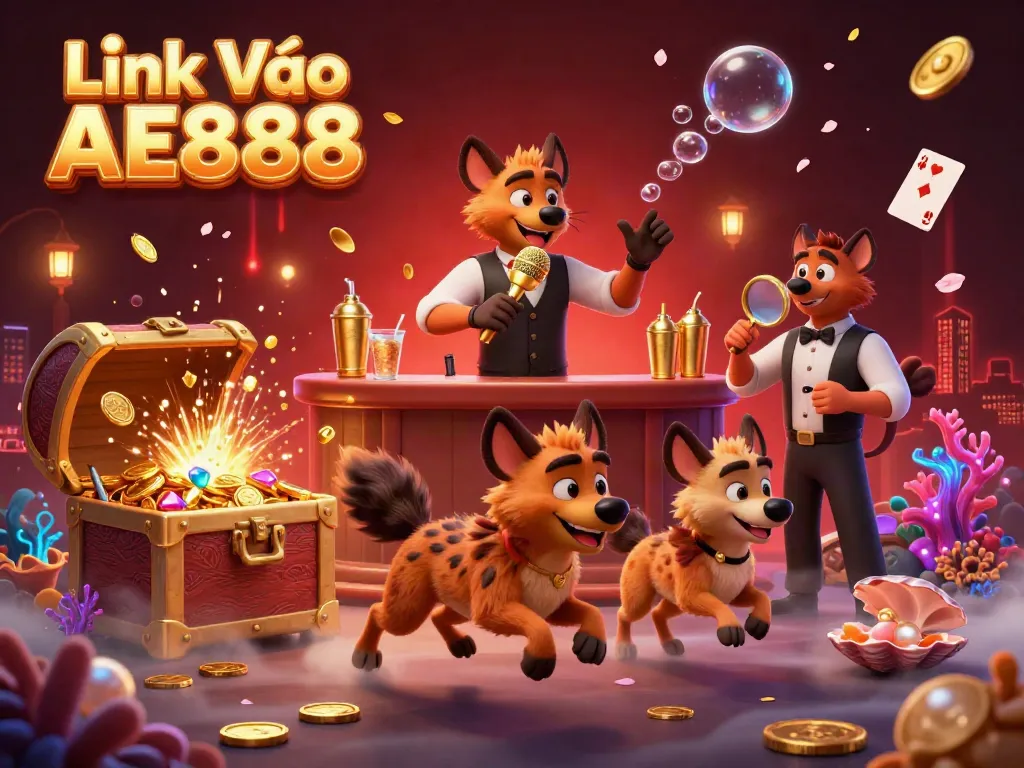 Experience excitement at Link Vào AE888 with hyenas performing in a lively casino atmosphere.