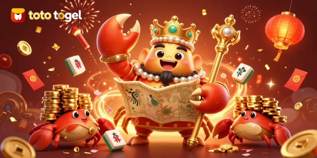 Engage with the vibrant toto togel experience featuring a majestic golden crab emperor amidst dynamic casino elements.