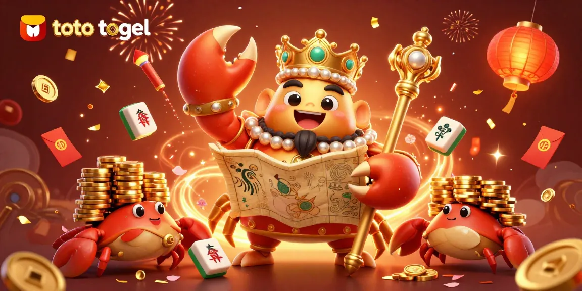 Engage with the vibrant toto togel experience featuring a majestic golden crab emperor amidst dynamic casino elements.