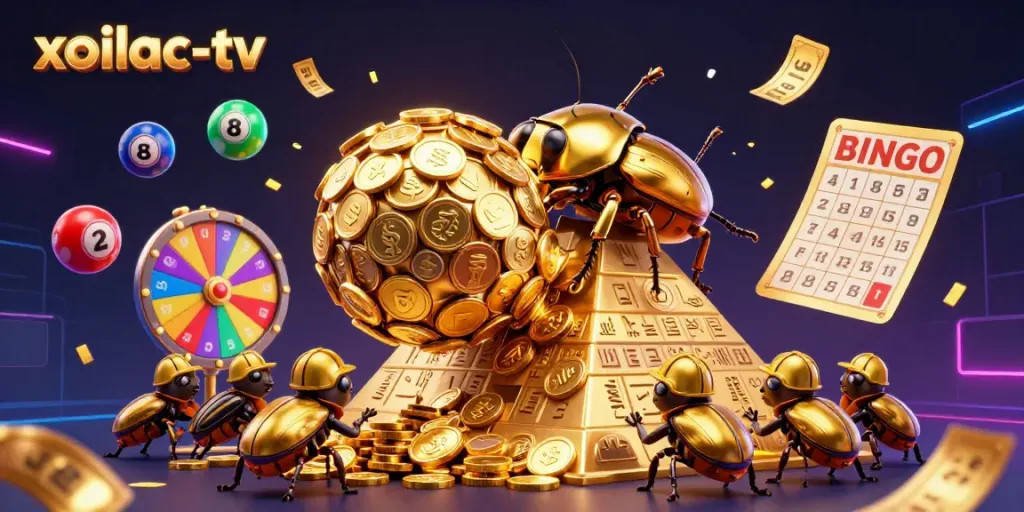 Experience thrilling moments with the massive golden dung beetle at xoilac-tv, amidst captivating gambling elements.