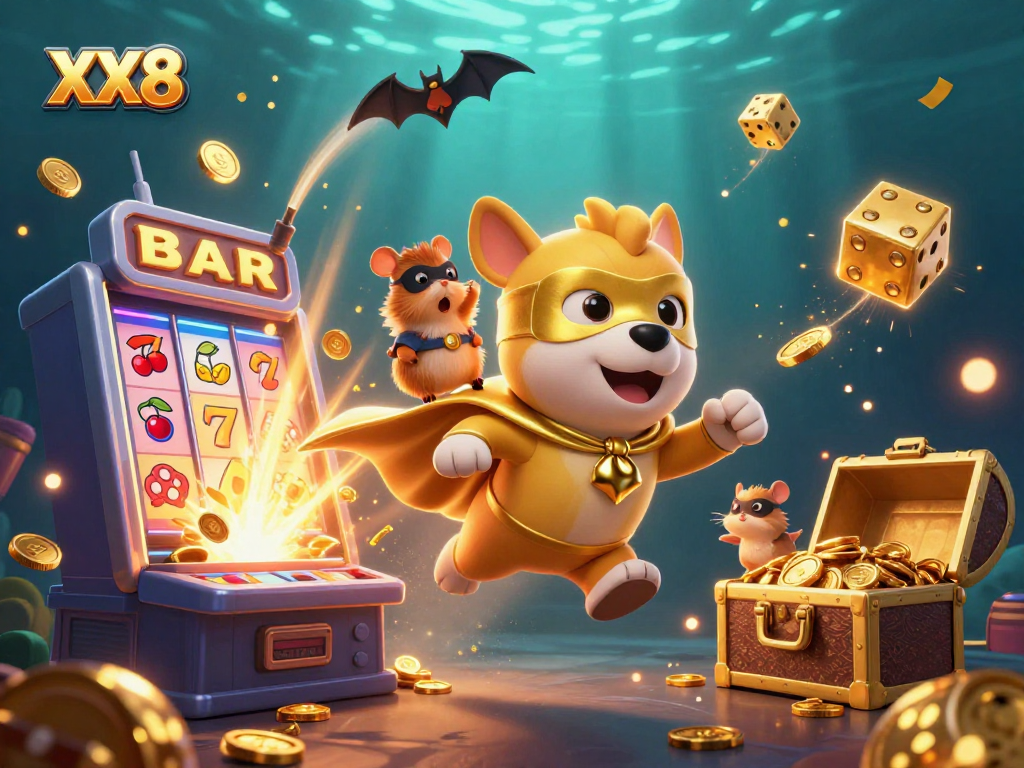 Join the excitement with XX8 in this vibrant superhero-themed casino scene full of jackpots!