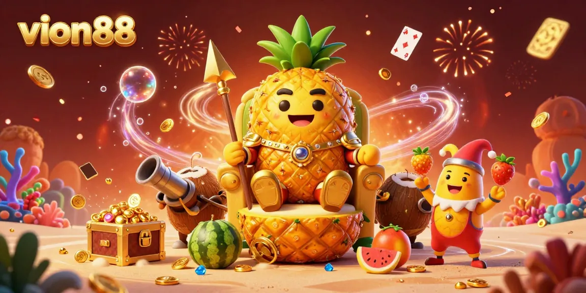 Experience the vibrant world of vion88 with a whimsical casino scene, featuring a pineapple king and joyous characters.