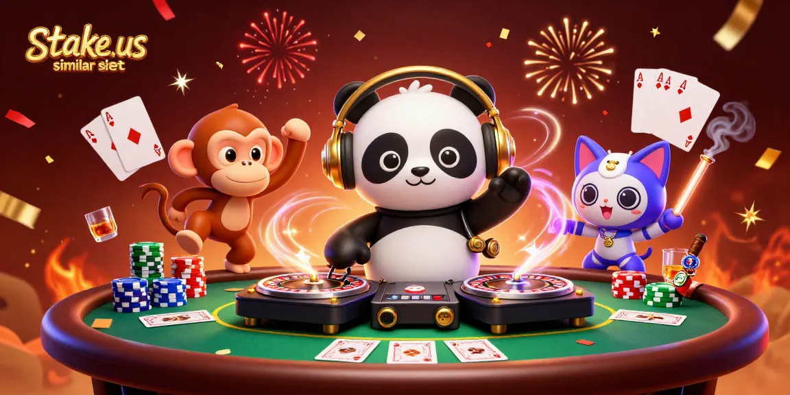 Experience the excitement of top stake.us similar sites with cartoon characters in a vibrant casino scene.