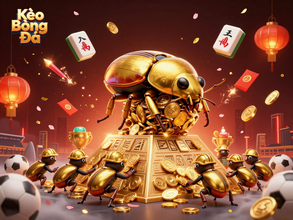 Kèo Bóng Đá action scene with vibrant 3D beetles and sports elements celebrating the thrill of betting